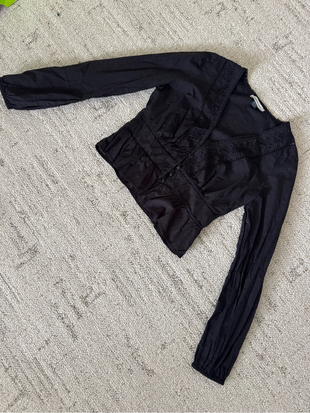 American Eagle Black V-Neck Embroidered Button Front Blouse
